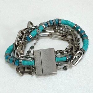Turquoise & Silver Colored Bracelet Multi-Strand Magnetic Clasp Not Sterling